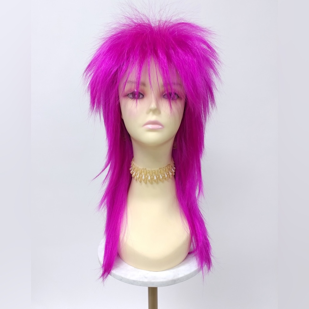 Magenta Pink Long Spiky 80s Punk Mullet Rockstar Costume Wig